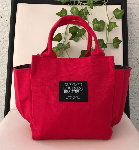★レッド かわいい 帆布 キャンバス ミニトートバッグ ランチバッグ