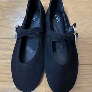 ZARA フラットシューズ スエード ダブルベルト ブラック 36