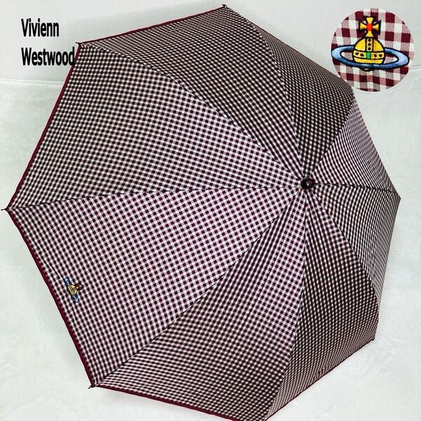 【良品】Vivienne Westwood ヴィヴィアンウエストウッド 折りたたみ傘 晴雨兼用 男女兼用 チェック オーブ 総柄