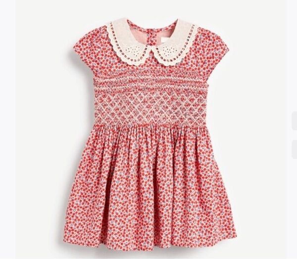 130ふんわりバルーンワンピ 子供服 子供ワンピース お上品な白襟 シャーリング ワンピ お出かけ ピンク さくらんぼ