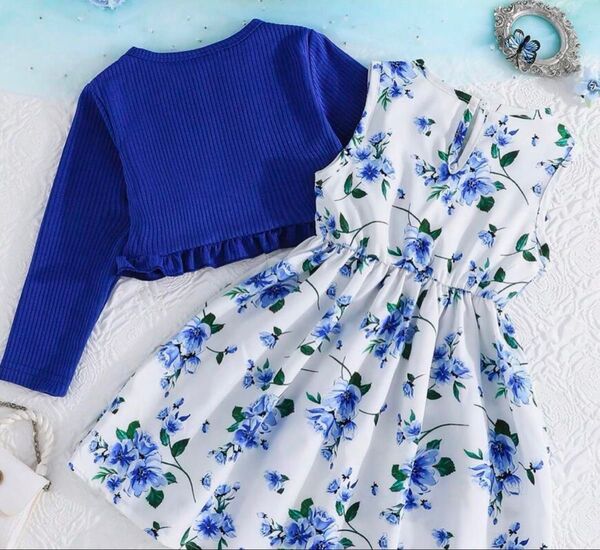 女の子 ワンピース カーディガン 発表会 ブルー120花柄 夏服子供サマードレス女の子用 上品な花柄セットアップ 写真撮影 七五三