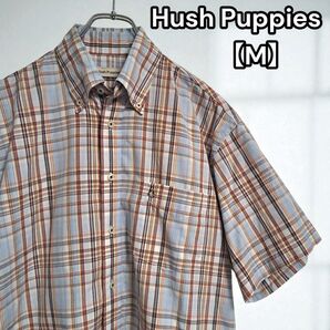 美品★ハッシュパピー【Hush Puppies】半袖シャツ チェック 刺繍 水色 ボタンダウン チェック柄