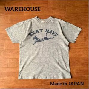 WAREHOUSE グレー Tシャツ 染み込みプリント シングルステッチ 日本製