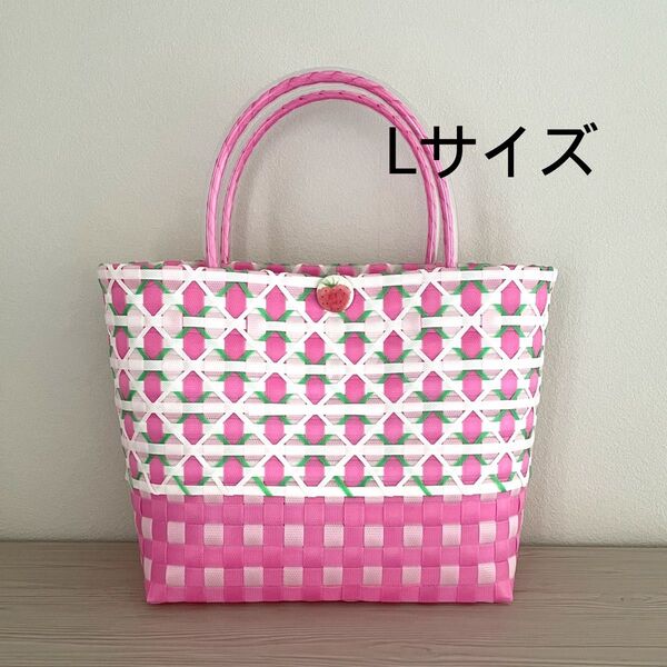 プラカゴ イチゴ ギンガムチェック ピンク 大きめサイズ L ハンドメイド PPバンドプラかご トートバッグ かごバッグ