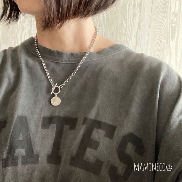 オールステンレス製 ロールチェーンマンテルネックレス コイン付き