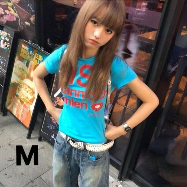 最安値 Tシャツ 大人気 ピチT 半袖 y2k ストリート グランジ 00s 平成ギャル レディース 夏 青 ブルー