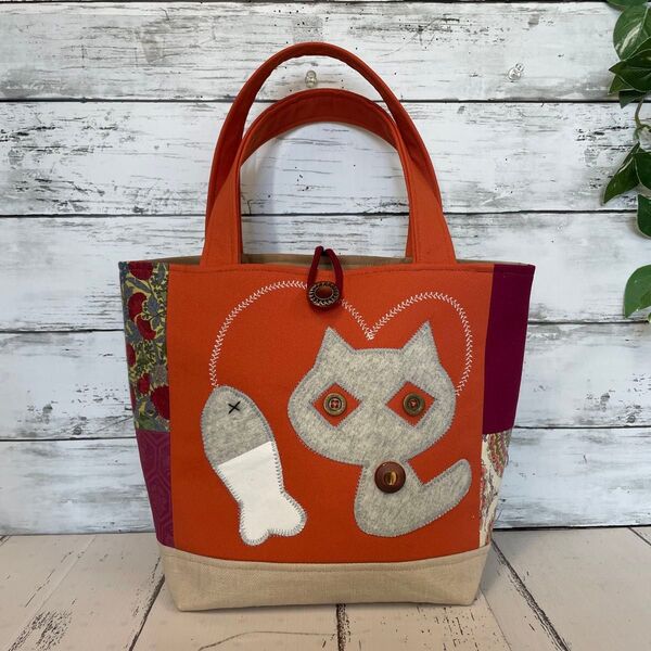 ハンドメイド トートバッグ No.1 一点物 パッチワーク風 ネコバッグ