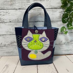 ハンドメイド トートバッグ No.2 一点物 パッチワーク風 ネコバッグ