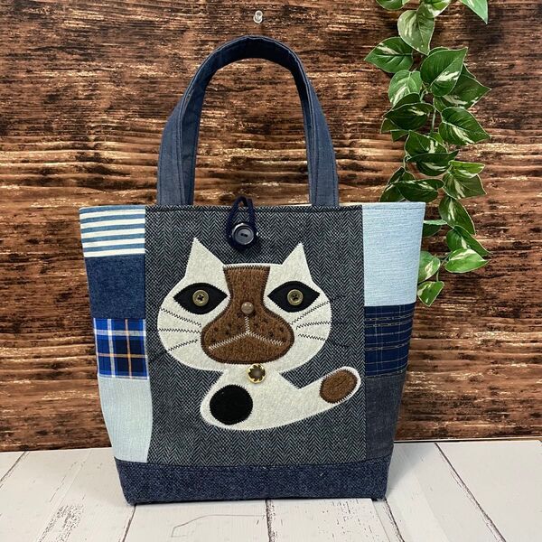 ハンドメイド トートバッグ No.7 一点物 パッチワーク風 ネコバッグ
