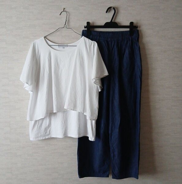 【セット☆】SEASON REASON 綿 シャツブラウス デニム風パンツ L