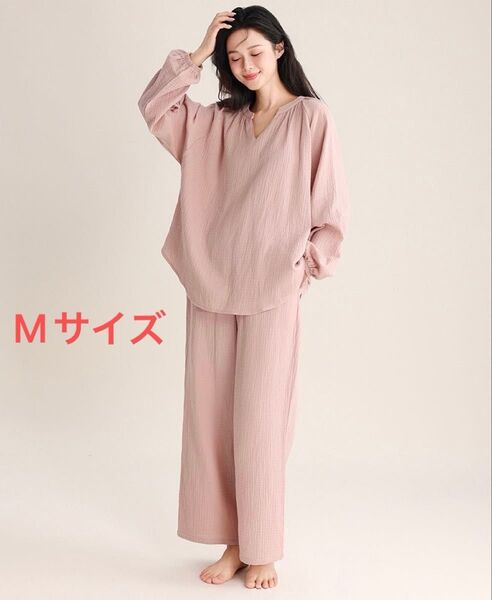 新品パジャマ M長袖レディース上下セット春夏ダブルガーゼ 夏寝巻き柔らかい綿入院入所ピンクvネック浅めピンク
