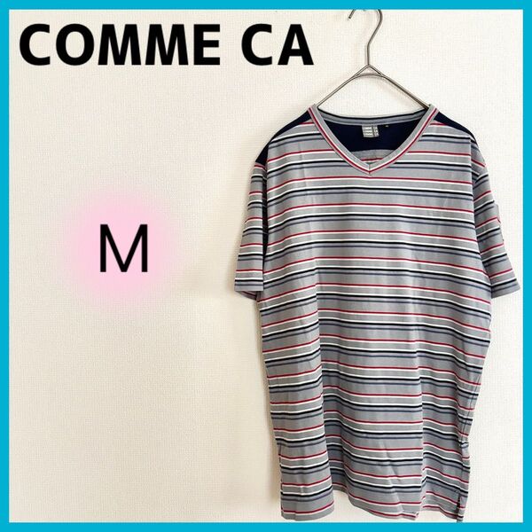 【美品】コムサ 半袖Tシャツ Vネック ボーダー トップス メンズ Mサイズ グレー系 COMMECA 綿 コットン 薄手