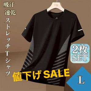 接触冷感 ストレッチ Tシャツ L2枚クルーネック 吸汗 涼感ブラック