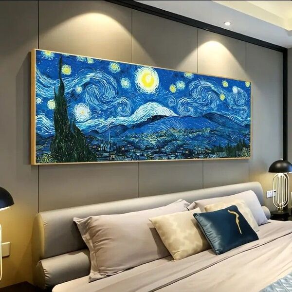 ゴッホ 星月夜 アクリル画仕様キャンバス画ア-ト 油彩画 風景画 フレ-ムなし 30cmx90cm