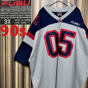 90s【FUBU】フブ 刺繍ロゴ ビッグロゴ ゲームシャツ 3XL 紺 グレー