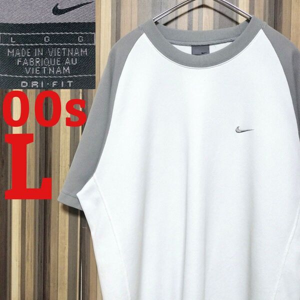 00s【NIKE】ナイキ スウッシュ 刺繍ロゴ 半袖 Tシャツ L 白 グレー