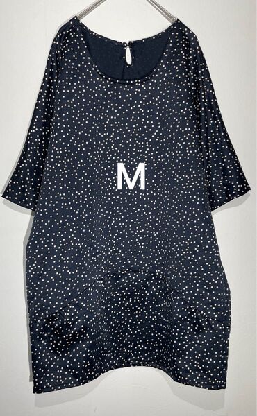 ピンクアドベ ゆったりチュニック Mサイズ 膝丈ワンピース ドット柄 ネイビー 七分袖 体型カバー 春夏 秋冬