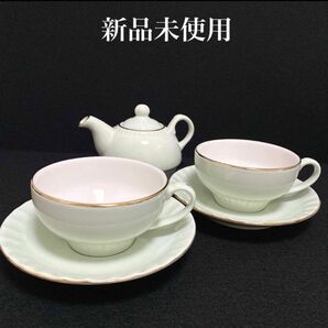 【新品未使用】NEW BONE カップ&ソーサー 金縁 グリーン 2客 ポット