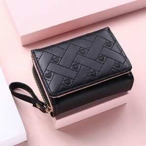 レディース 女性 折りたたみ 財布 ブラック 通勤 可愛い シンプル ハート刺 デザイン 黒806402