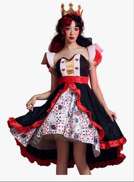ハート 女王 クィーン トランプ ワンピース コスプレ ハロウィン 姫袖マキシ