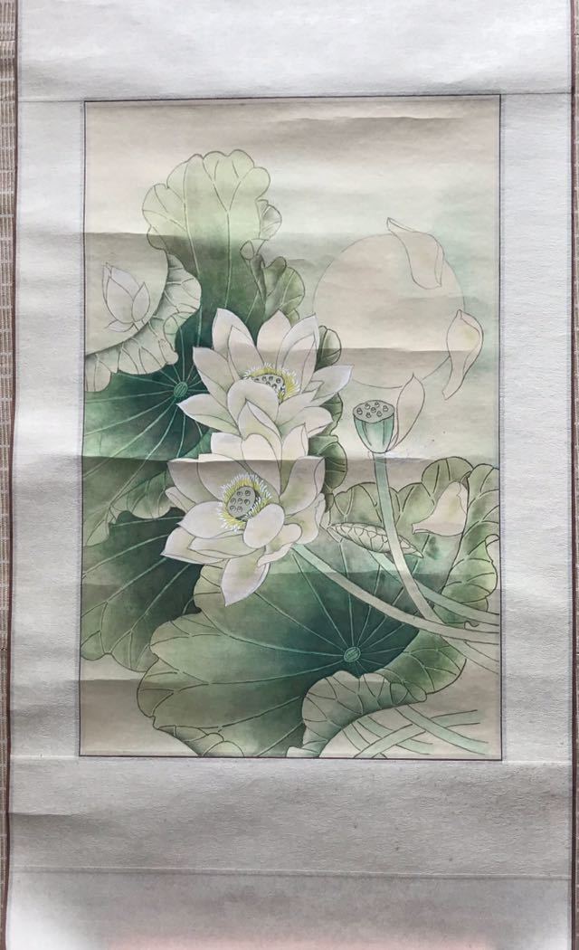 Chinesisches Gemälde, handgemalt, Lotusblume im Mondlicht, Malerei, Japanische Malerei, Blumen und Vögel, Tierwelt