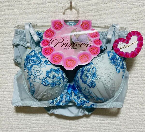 ブラ ショーツセット 小花柄刺繍 レース 水色 B70
