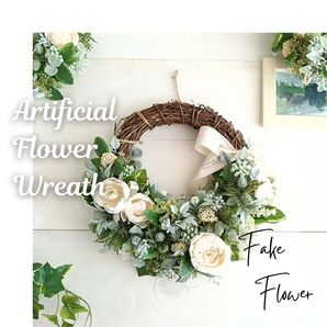【25cm】爽やかグリーンと白バラのハーフムーンリース アーティフィシャルフラワー リース 造花 壁掛け インテリア 玄関飾り