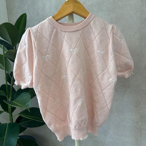 GRL ダイヤ柄リボン刺繍ニットトップス ニット セーター 半袖 L カットソー kz534