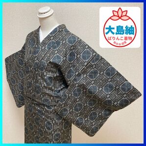 新商品 【 大島紬 】泥大島 黒色 楕円 四角 幾何学模様 絣 紬 376 着物 単衣 和装 大島紬 袷 正絹 和服