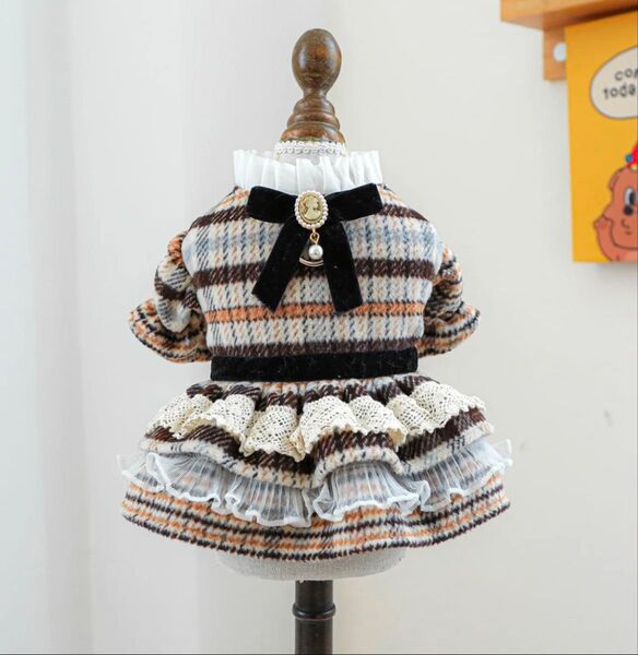 犬服 ペット服 小型犬 チェック柄フリルドレス かわいいワンピース