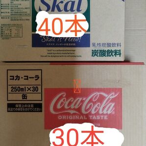 コカ コーラ250ml缶×30本、スコール250ml缶×40本の合計70本。