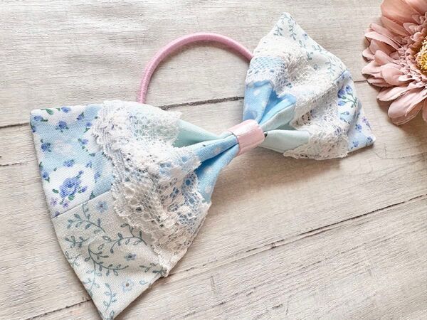 ハンドメイド パッチワーク リボン ヘアゴム 水色 ブルー かわいい 手作り 髪留め 大人 子供 レース 匿名配送