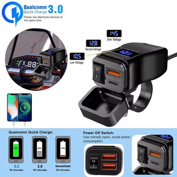 バイク USB電源 PD 防水 Aタイプ&Type-c 急速充電 QC3.0