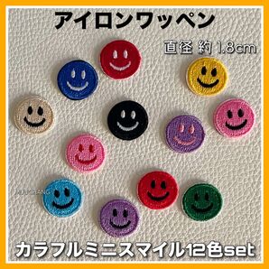 カラフルスマイル◇12色set◇アイロンワッペン◇ミニサイズ◇刺繍ワッペン◇チビサイズ◇ニコちゃん◇スマイル