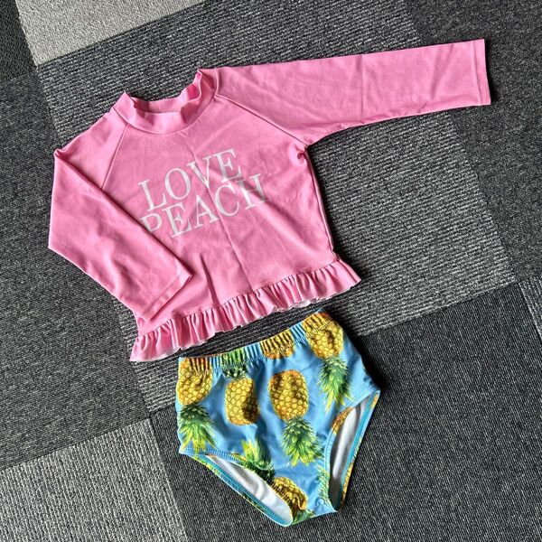 女の子 ラッシュガード 付き ピンク ホワイト 日焼け対策 レトロ 水着 パイン