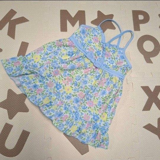 S2082★キッズワンピース水着(120)水色花柄 リボン付き 裾フリル 女児 女の子 ブルー