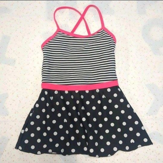 S2052★キッズワンピース水着(110)白黒モノトーン×蛍光ピンク 女の子 プール 海 ワンピース 可愛い