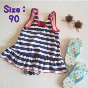 S2019★キッズワンピース水着(90)ネイビー×ホワイト マリンボーダー リボン付き 女の子 女児 かわいい プール