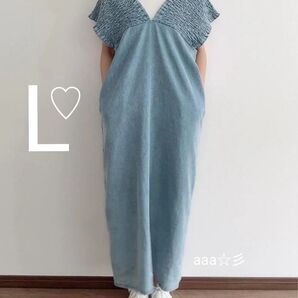 新品 しまむら デニム シャーリングワンピース Lサイズ 中青 サックス add COLOR