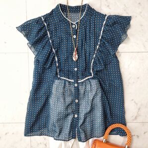 極美品♪ ロイスクレヨン フリルスリーブ レース 総柄 シアーブラウス 日本製