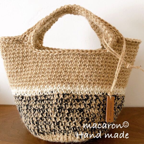 ハンドメイド|麻紐バッグ|麻ひもバッグ|トートバッグ|ホワイトライン ブラック