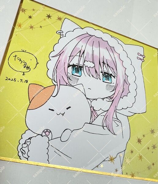 手描きイラスト 直筆イラスト アナログ オリジナル 可愛い 女の子 猫 絵 ミニ色紙