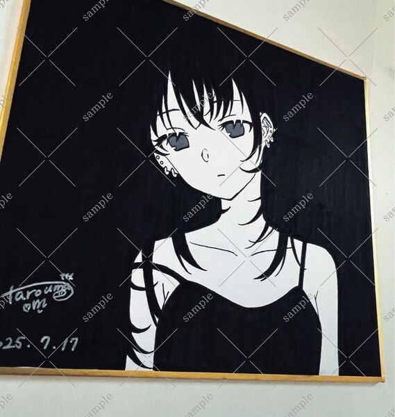 直筆イラスト 手書き ミニ色紙 アナログ 病みかわ モノクロ