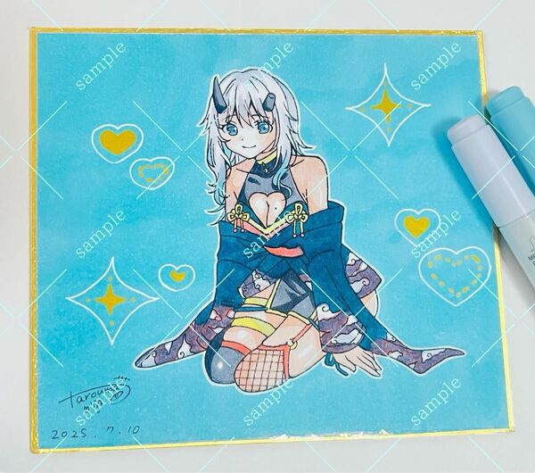 ミニ色紙 直筆イラスト アナログ かわいい 手書き バ美肉 VTuber 白夜蒼姫 女の子