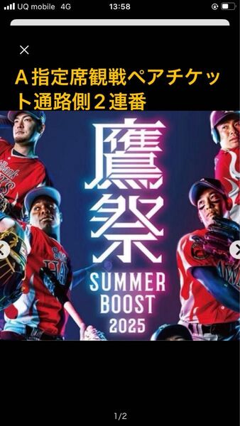 鷹祭サマーブースト 8/1(金)楽天戦 A指定席観戦ペアチケット 通路側