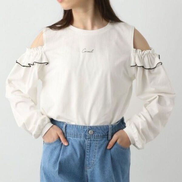GLOBAL WORK ヘビロッTEE 長袖Tシャツ 170 綿100% オフホワイト カットソー 白 肩あき フリル かわいい