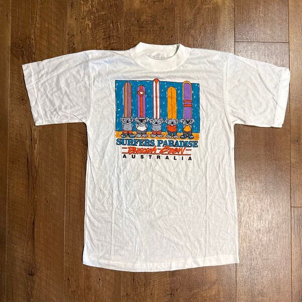 90s Australia製 Tシャツ ビンテージ ホワイト コアラプリント半袖Tシャツ グラフィック 短丈 メンズ Mサイズ