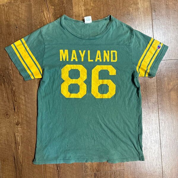 80s champion チャンピオン Tシャツ プリントTシャツ 古着 グリーン 半袖Tシャツ ラガーシャツ イエロー M
