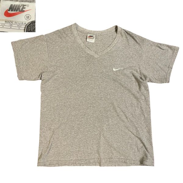 90s NIKE ナイキ 半袖 Tシャツ グレー 半袖Tシャツ クルーネック ワンポイントスウォッシュロゴ 短丈 メンズ M