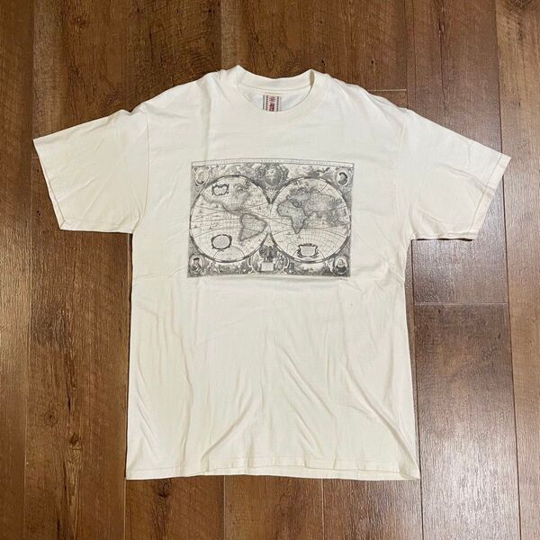 y2k 90s USA製 プリント Tシャツ 白 レトロプリント 地図 地球 ボックスシルエット グレー グラフィック メンズXL